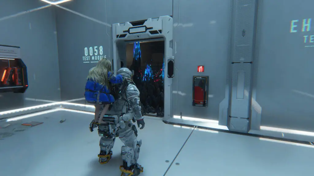 Pragmata blue crystals: A player looking at a blue crystal blocking a doorway.