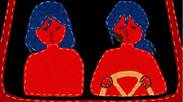 Screenshot from Stiff Neck showing two red stylized figures in a car