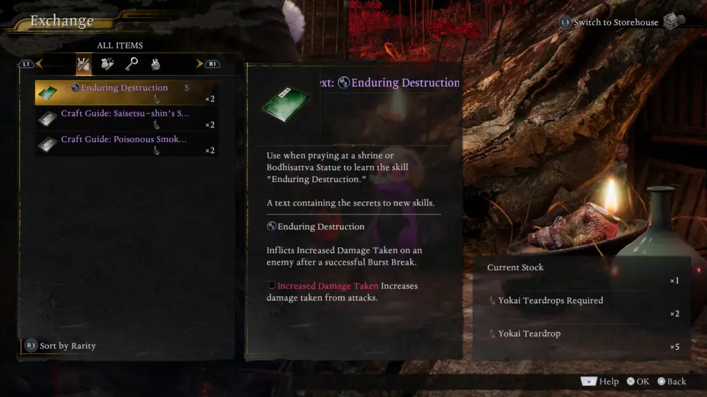 Nioh 3 Jakotsu-baba: The Enduring Destruction skill book in the merchant's inventory.