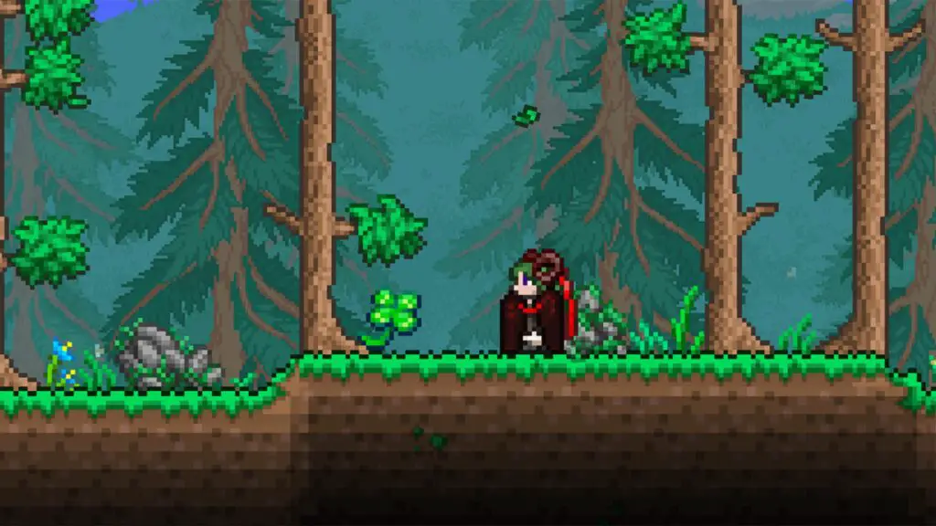 Terraria 1.4.5 character inspecting a Lucky Clover in the forest biome