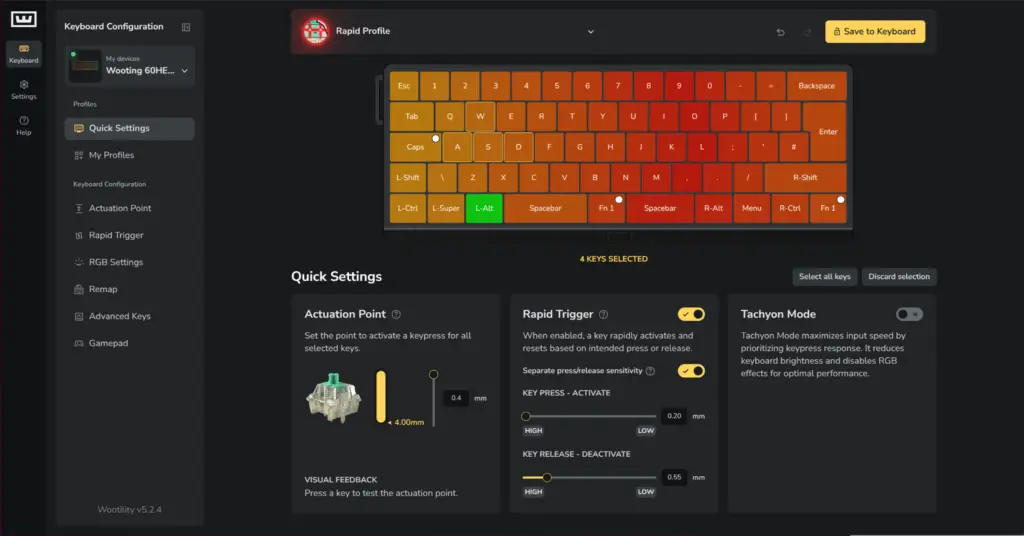 Screenshot of the Wootility software interface showing actuation settings.