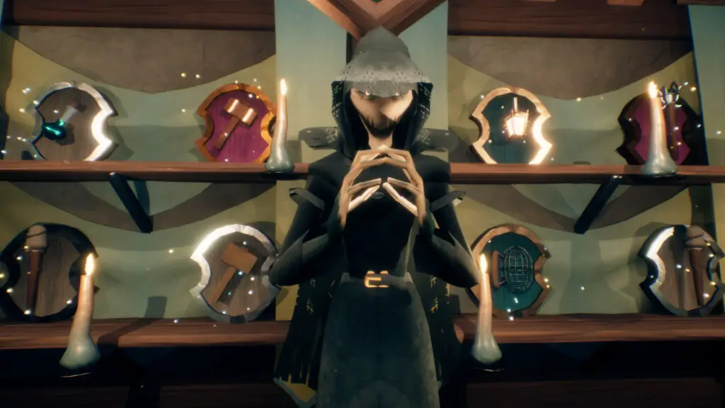 A spooky skeletal shopkeeper in Begraved