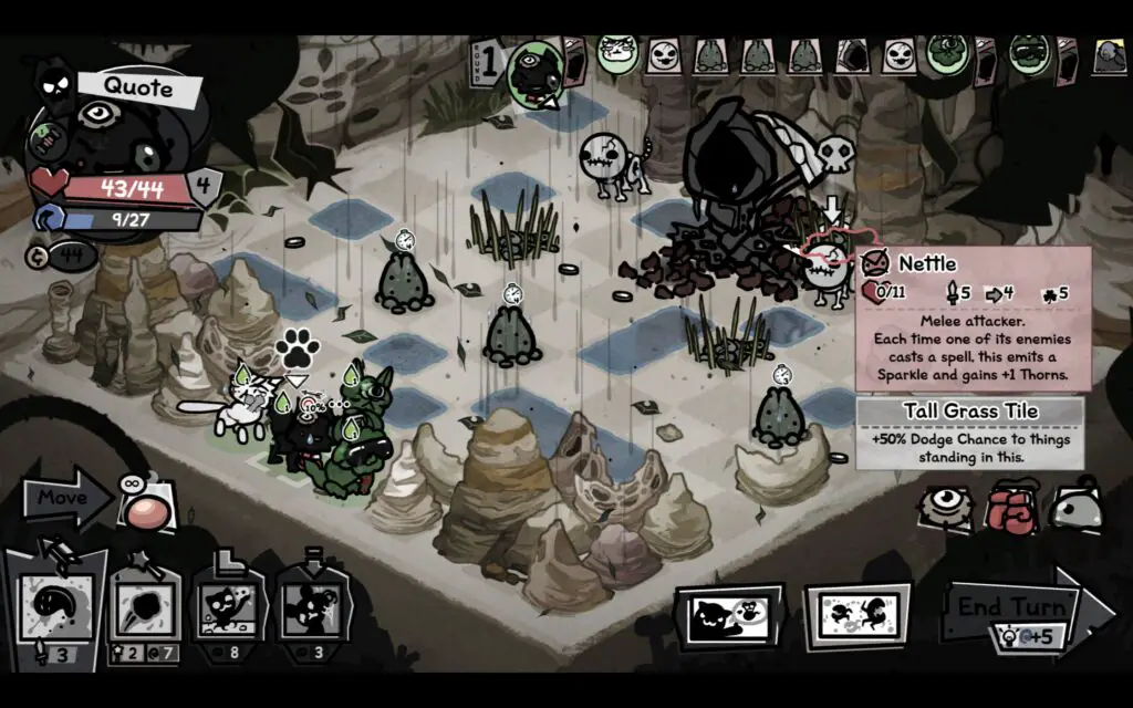 A battle against the grim reaper in Mewgenics.