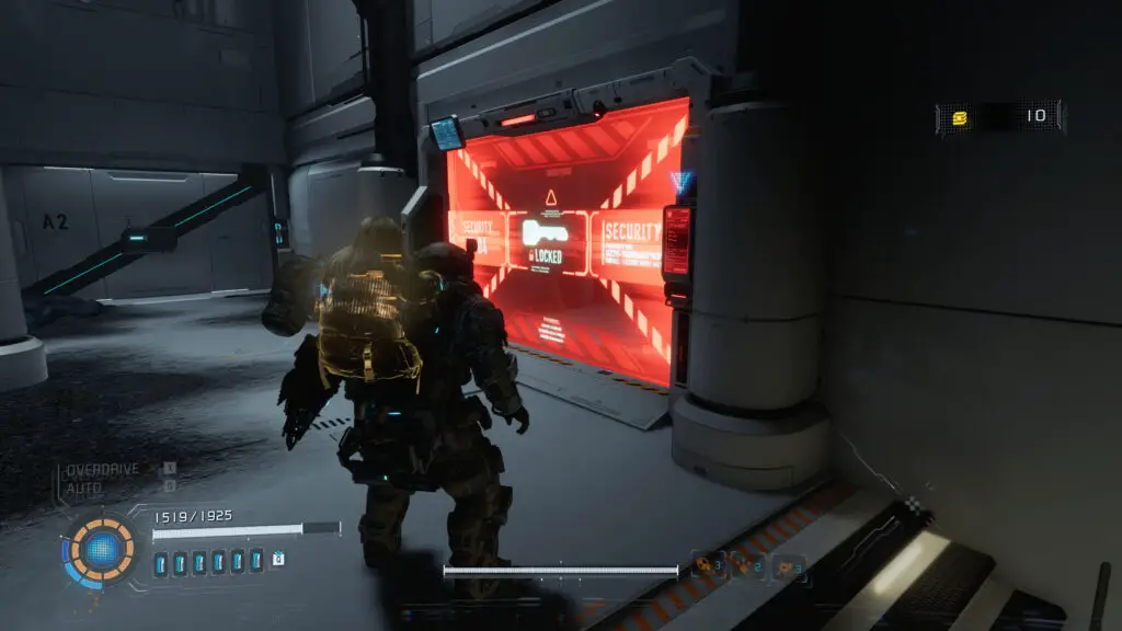 Pragmata Red Zone Gate Keys: A player looking at a Red Zone barrier in Regolith Labs.