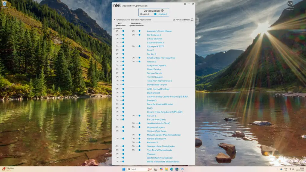A screenshot of Intel's APO tool