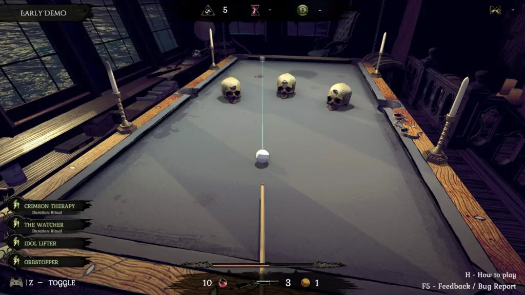 Aiming the white ball at three skulls in Pool of Madness.