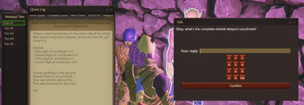 A notepad and a quest conversation window in Project: Gorgon, depicting a number pad that can teleport you anywhere in the world.