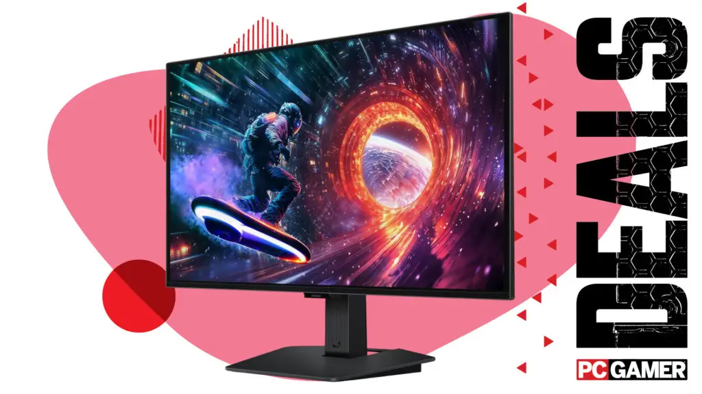 A Samsung Odyssey OLED G5 G50SF gaming monitor showcased against a vibrant digital background, perfect for a high-end gaming setup.