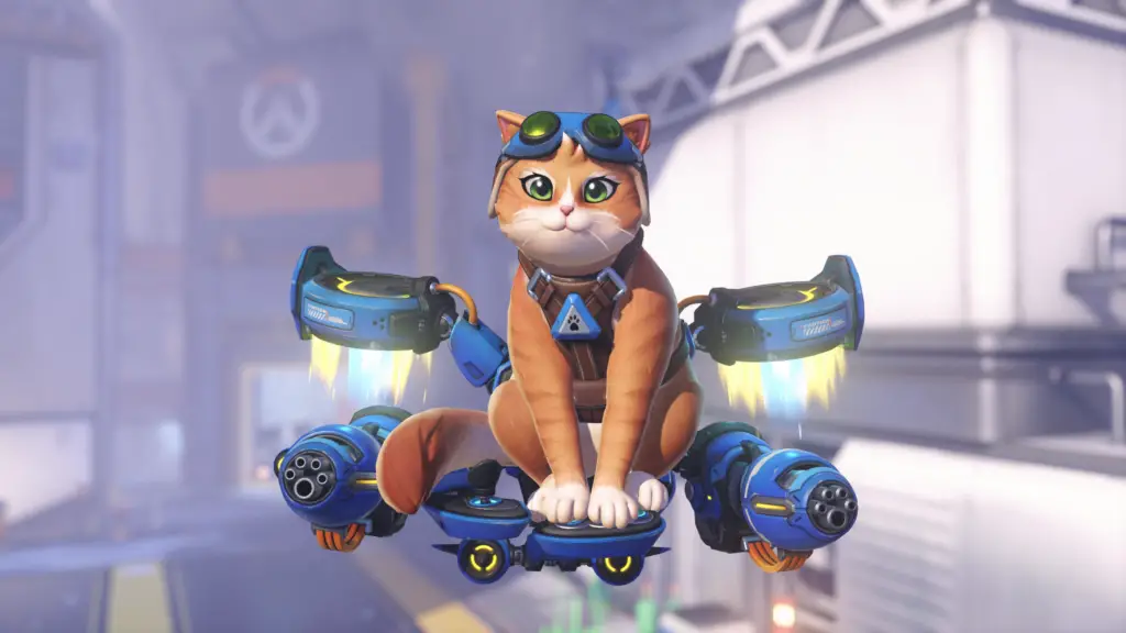 Jetpack Cat in Overwatch Stadium featuring an orange tabby with mechanical boosters
