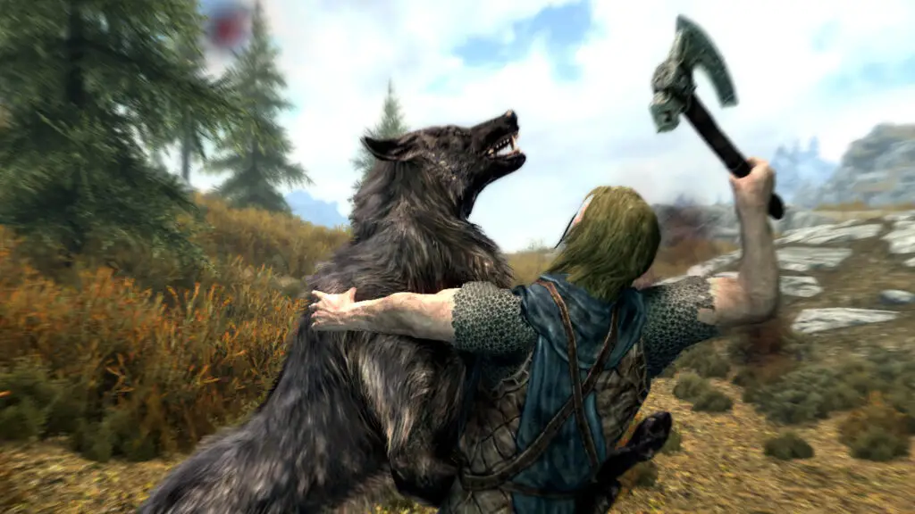 Skyrim man fighting a wolf