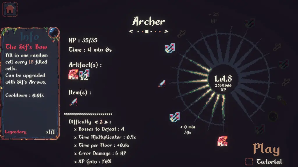 The class progression screen for the Archer class in CiniCross.