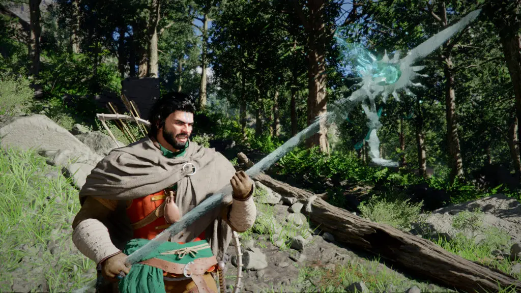 Crimson Desert Soul Spear: Kliff holding the Soul Spear in a forest.