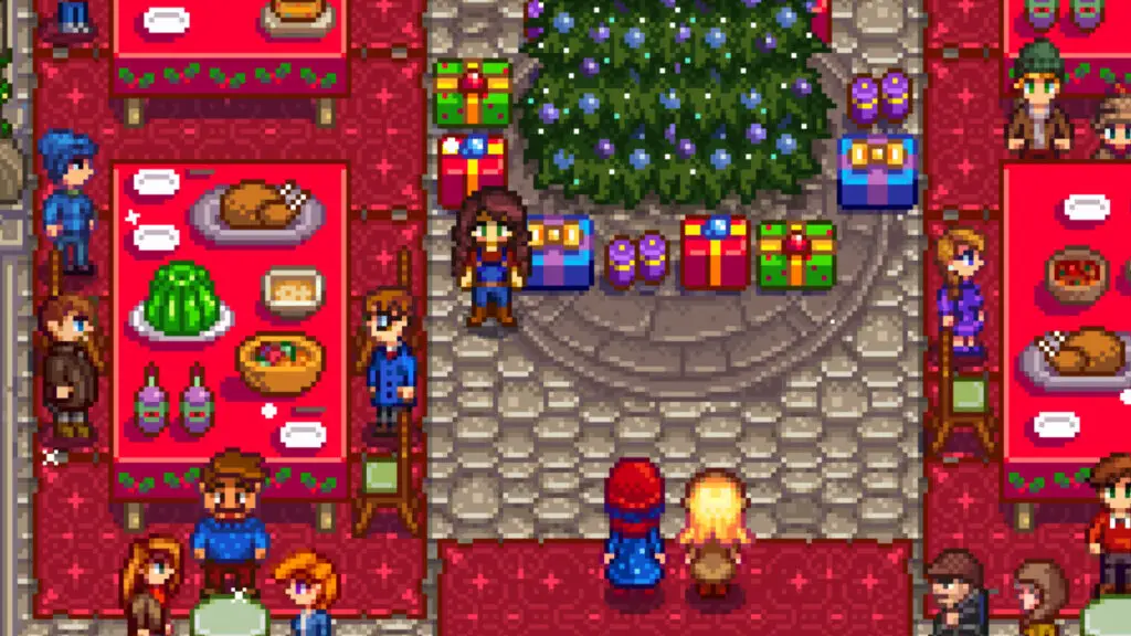 Stardew Valley - The farmer and citizens around a Christmas tree