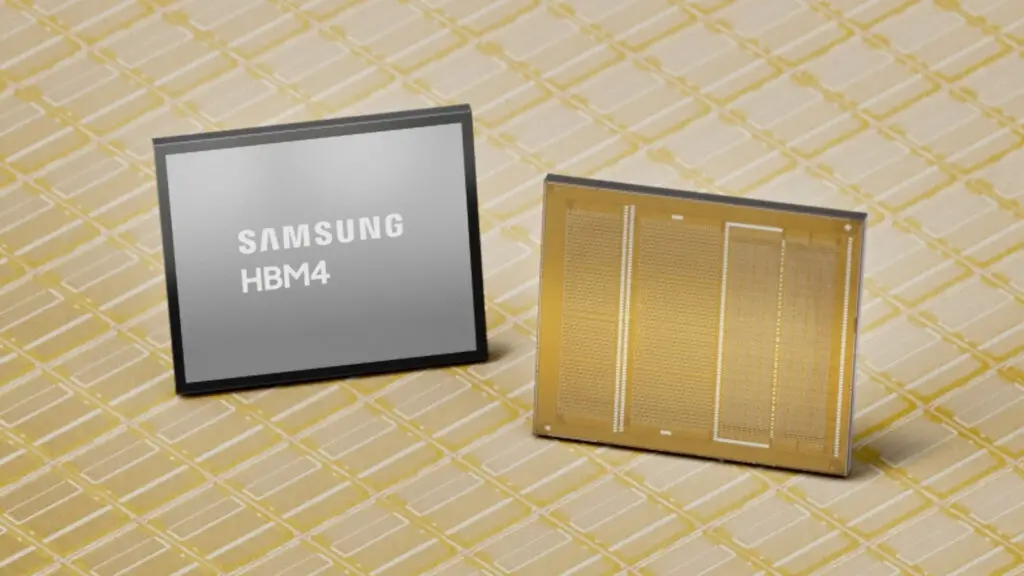 Samsung HBM4 module and stylized die shot showing advanced AI memory architecture