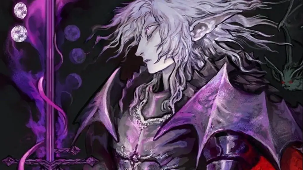 Key art of the videogame Lunacid, showing a pale, long haired knight in purple armor contemplating a purple, flaming sword.