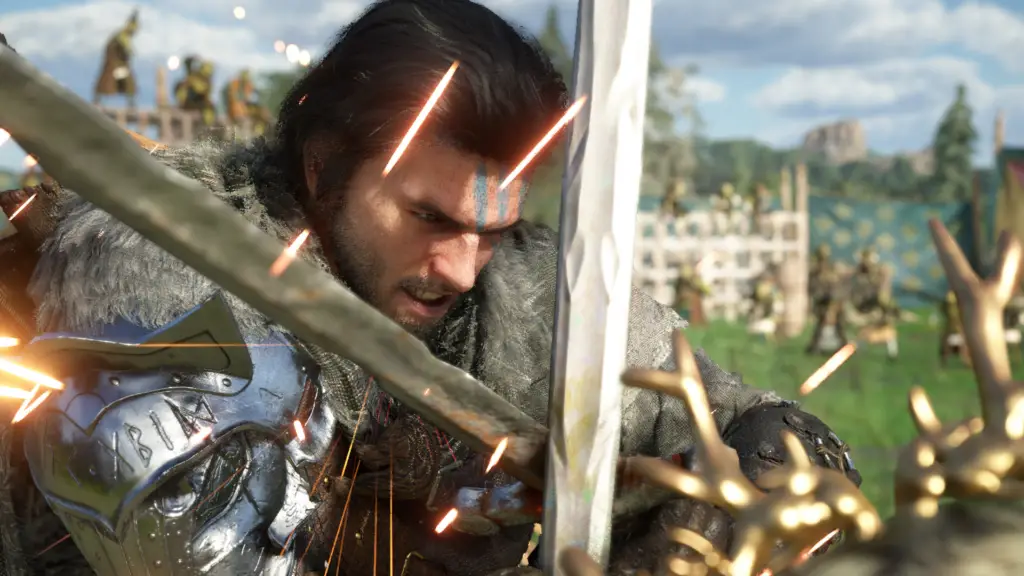 Kliff, protagonist of Crimson Desert, clashes swords with his foe.