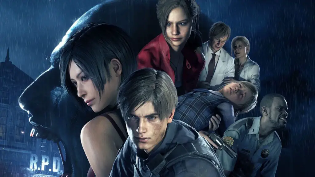 Resident Evil 2 Remake - promo art of Leon, Claire, Ada, Marvin, Sherry, and William and Annette Birkin