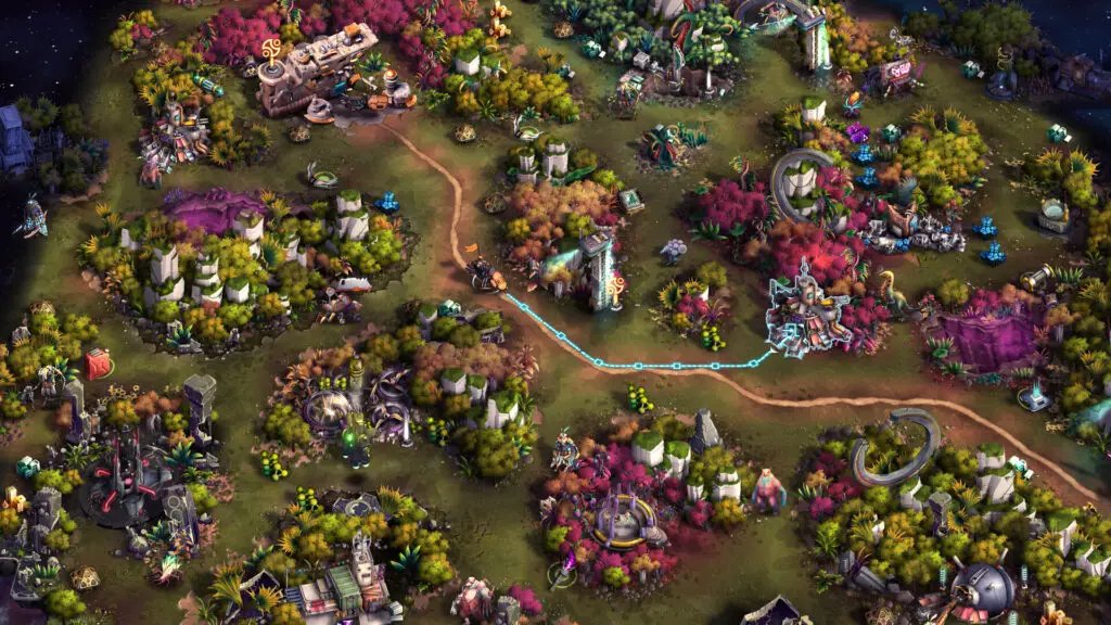 Strategic map view in Heroes of Science and Fiction featuring alien flora.