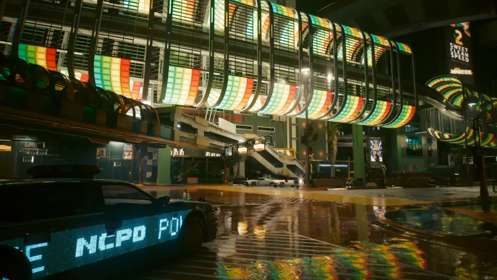 Cyberpunk 2077 screenshot showing heavy GPU load.