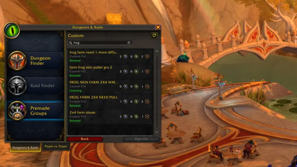 World of Warcraft Group Finder showing Frog Farm listings