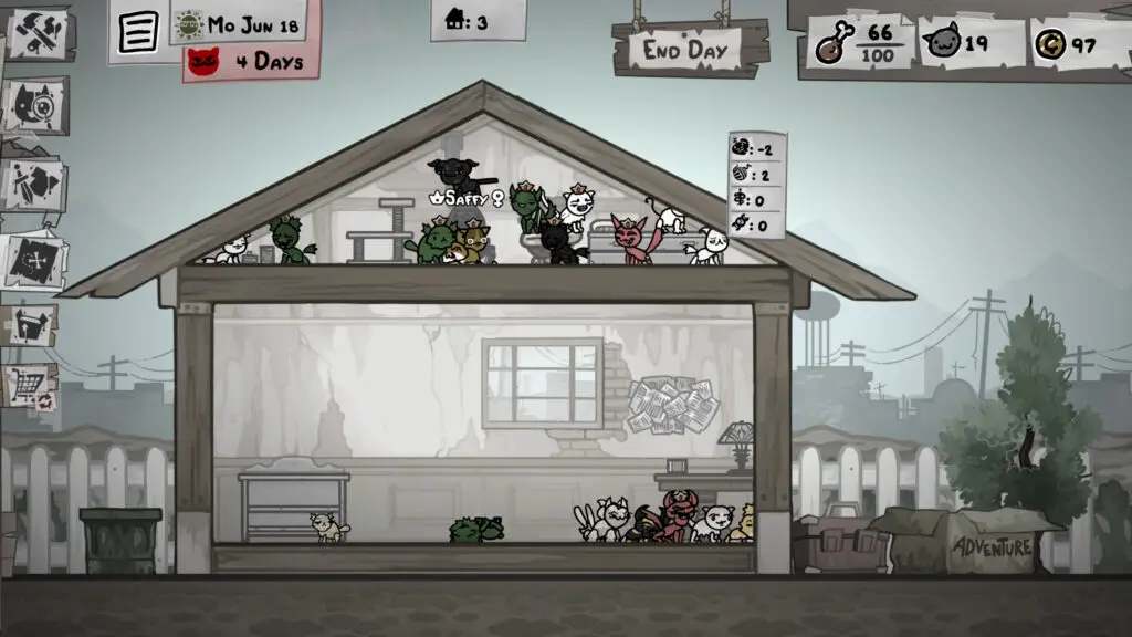 Mewgenics breeding guide: A player looking at their house will of cats, with a main room and an attic.