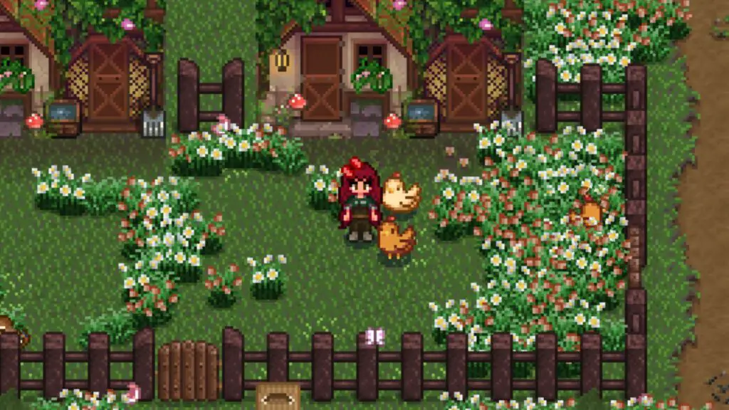 Modded Stardew Valley farm with a red-headed farm standing by chickens