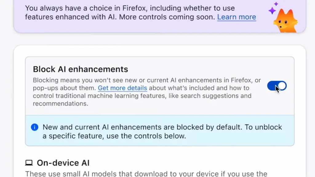 A screenshot showing the Firefox AI controls menu in the browser settings.
