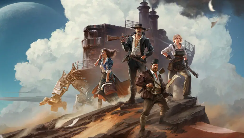 A giant mechanical crawler traversing a vast desert landscape