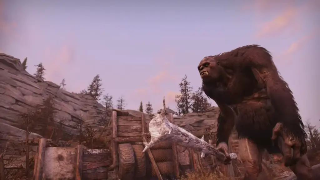 Bigfoot navigating the Appalachian forest in Fallout 76