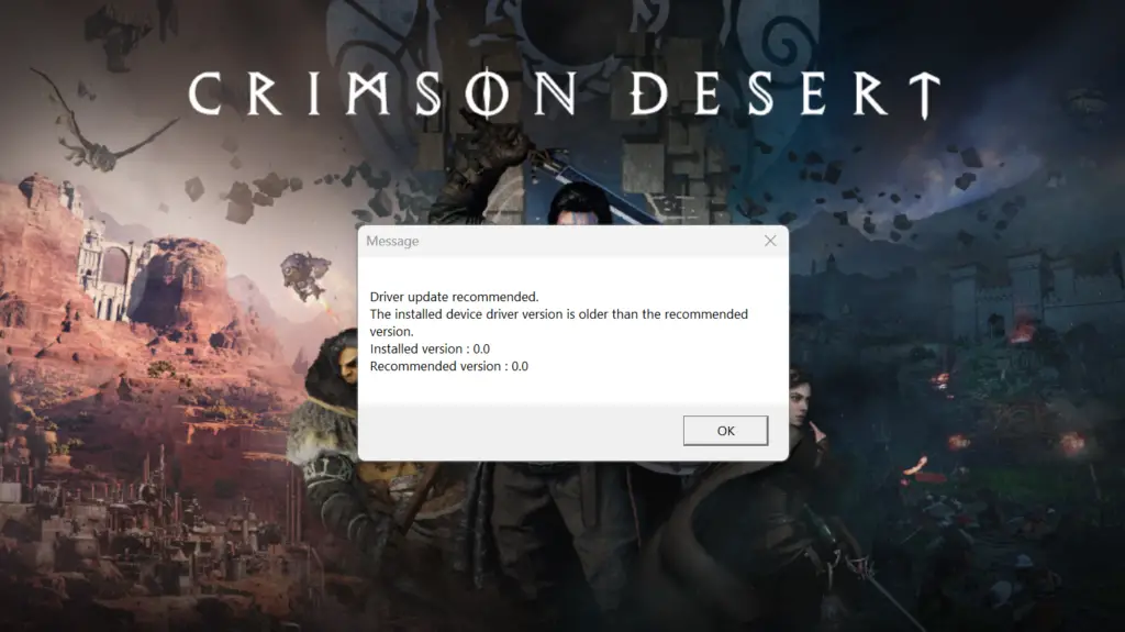 A bugged window when booting Crimson Desert on Intel Arc graphics cards.