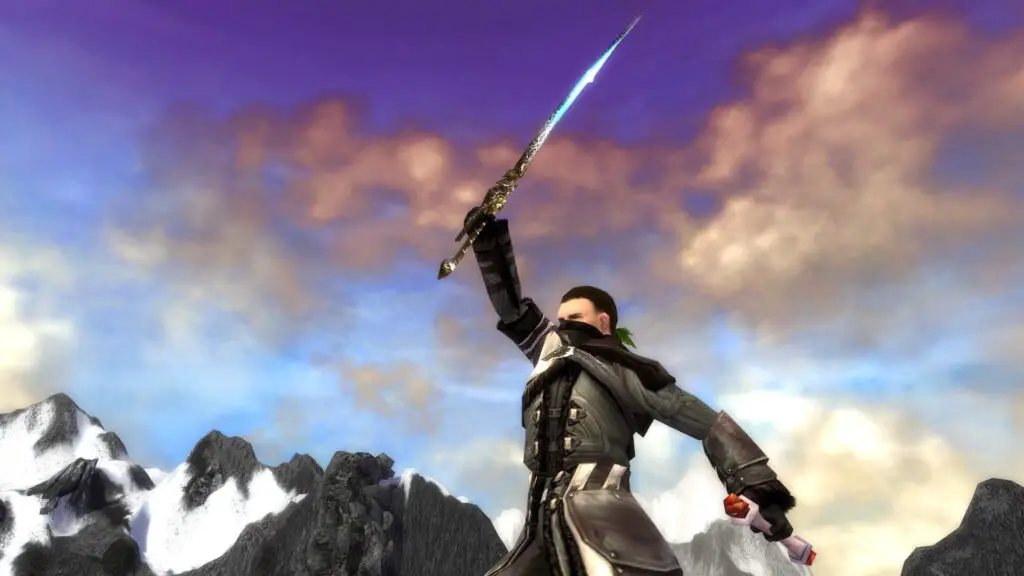 A player character striking a triumphant pose in the classic Guild Wars universe.
