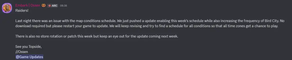 Arc Raiders discord screenshot