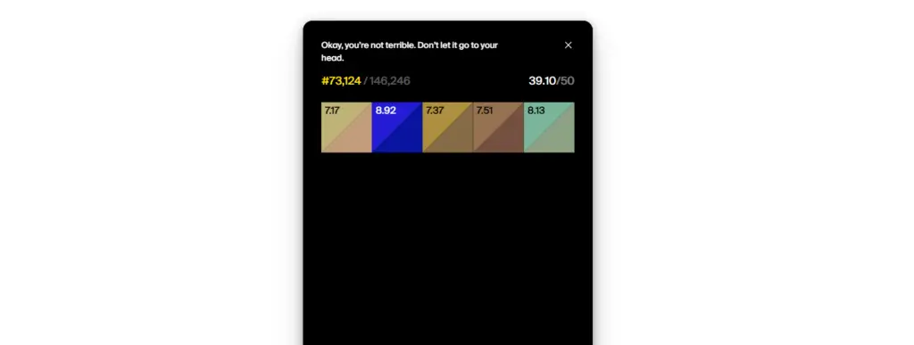 Dialed.gg results panel showing Hue, Saturation, and Brightness scores