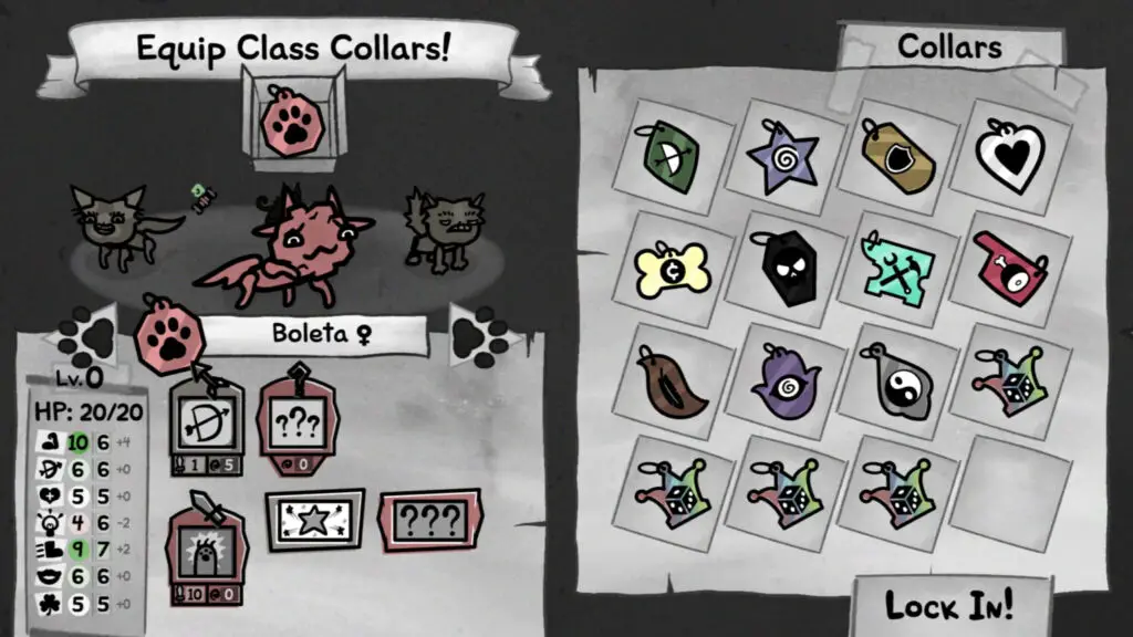 Mewgenics classes: The Fighter class in the collar selection menu, showing the impact of the collar on the stats of the cat.