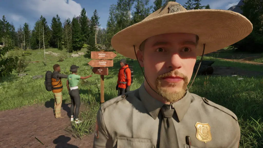 A ranger checking hiker permits in the game