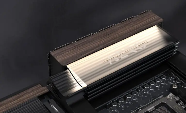 Close-up of the wood texture on the Gigabyte X870E AERO X3D motherboard