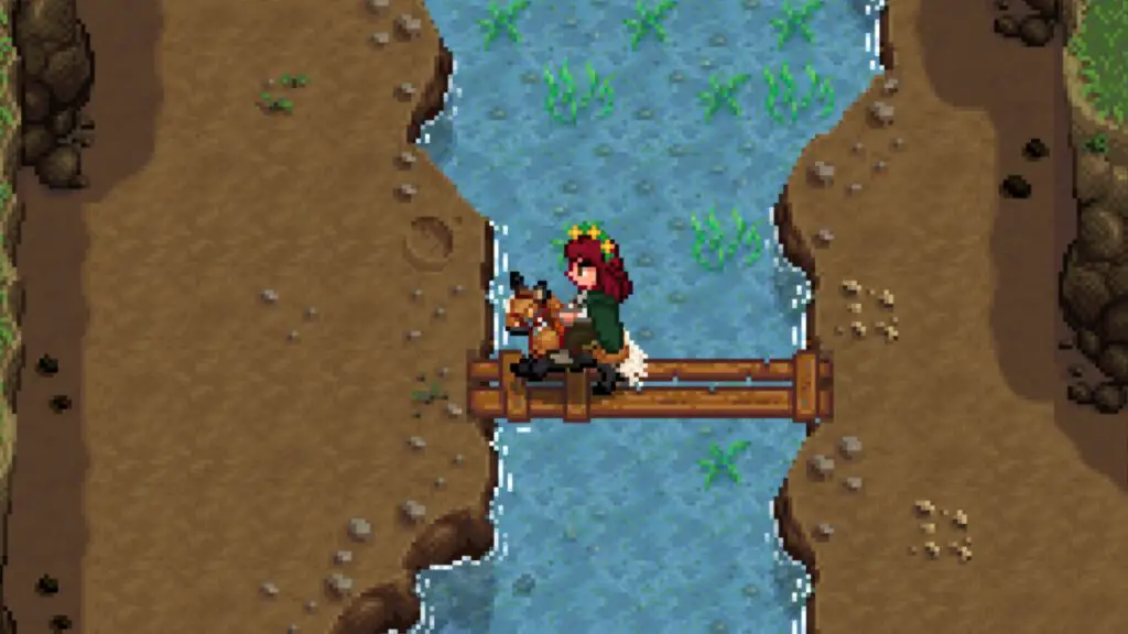 Stardew Valley horse running across a bridge in-game