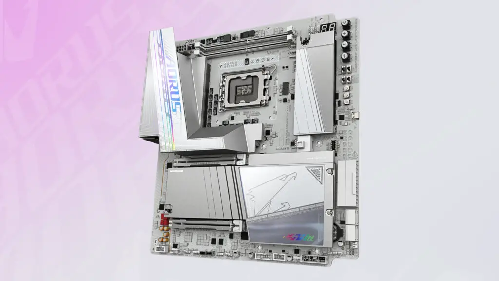 The Gigabyte Z890 Aorus Tachyon Duo X Ice motherboard showing its unique white PCB and unconventional layout