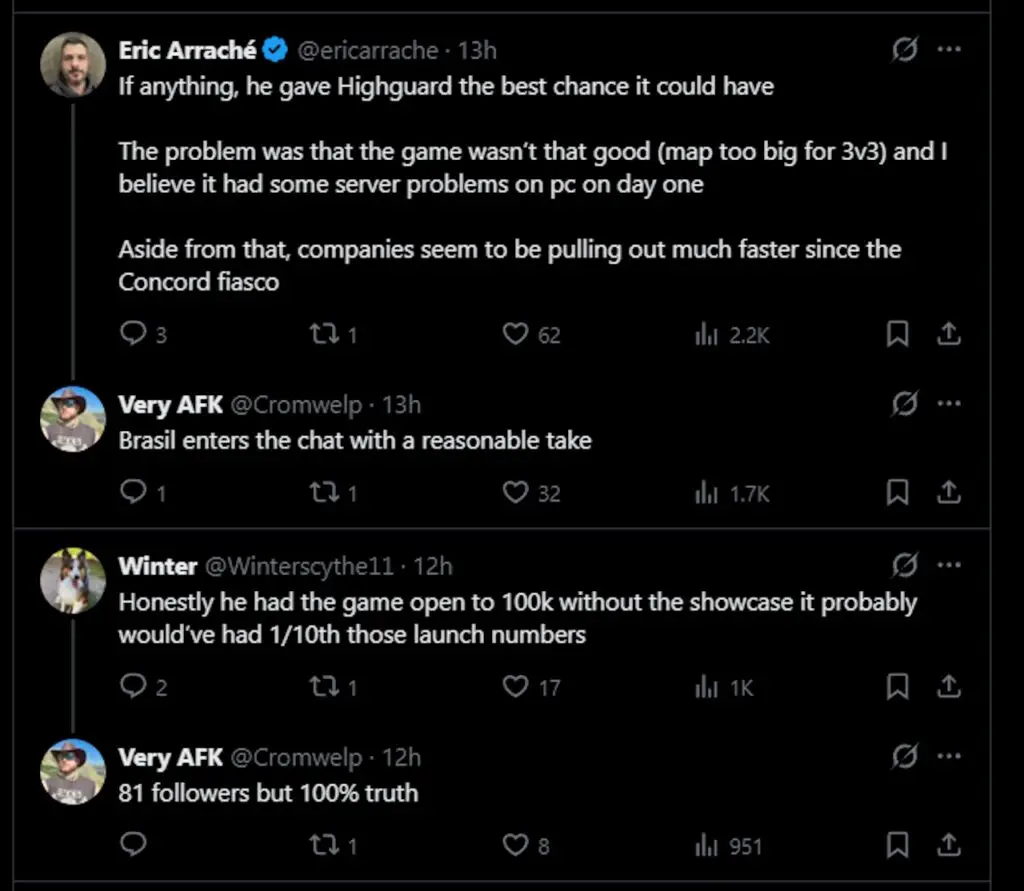 Online community discussion regarding Highguard's server issues and map size.