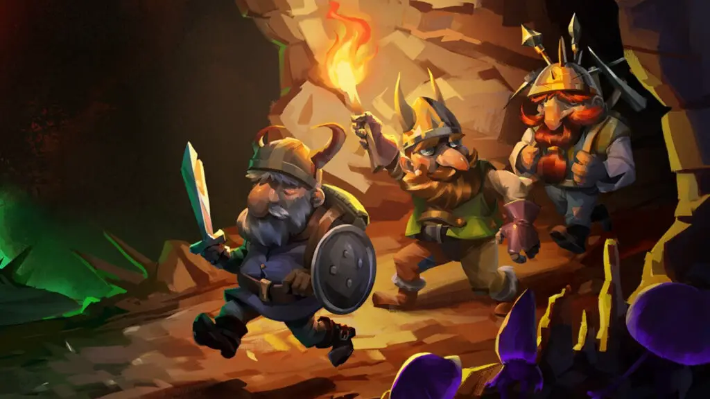 A trio of dwarves descend into the depths in the Dwarf Fortress key art.