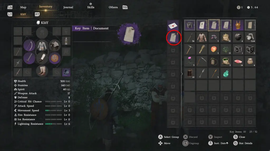 Crimson Desert Lost Letter: The player looking in their inventory, with a red circle highlighting the location of the Lost Letter.