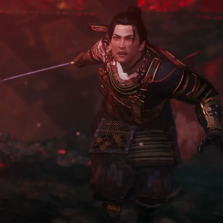 Tokugawa Takechiyo with a sword running at someone in Nioh 3