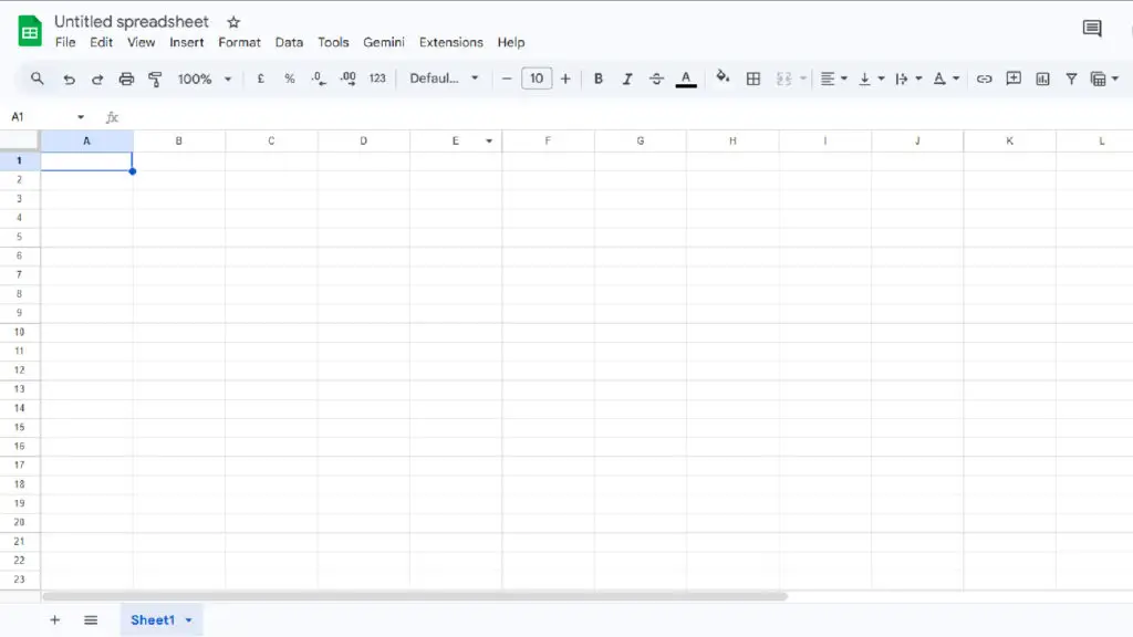 An empty spreadsheet in Google Sheets