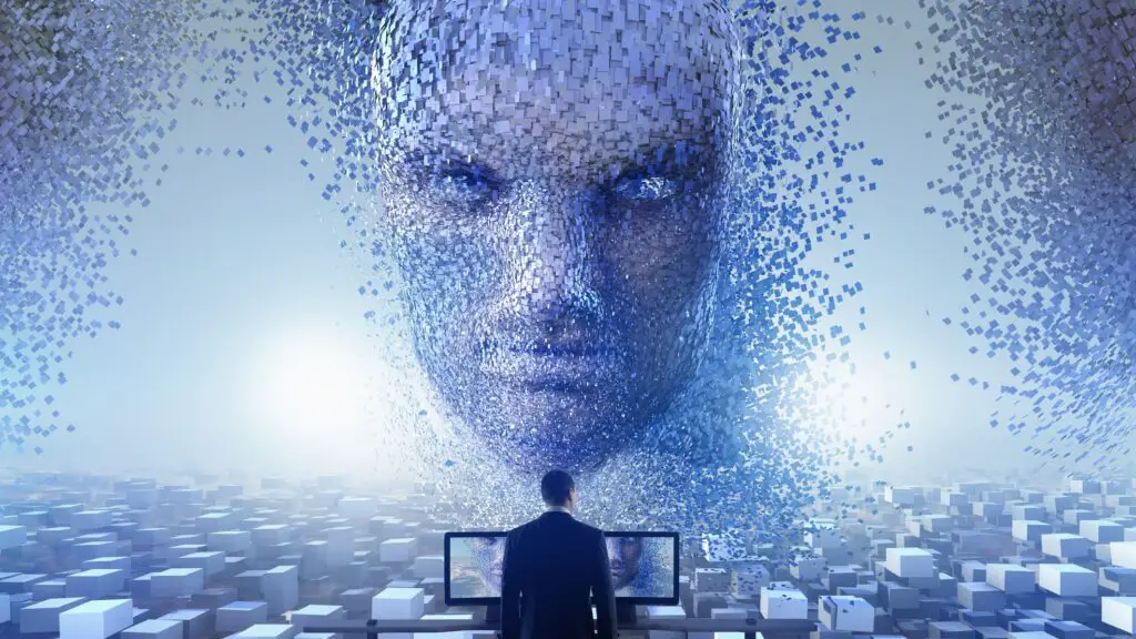 An AI face looks down on a human.