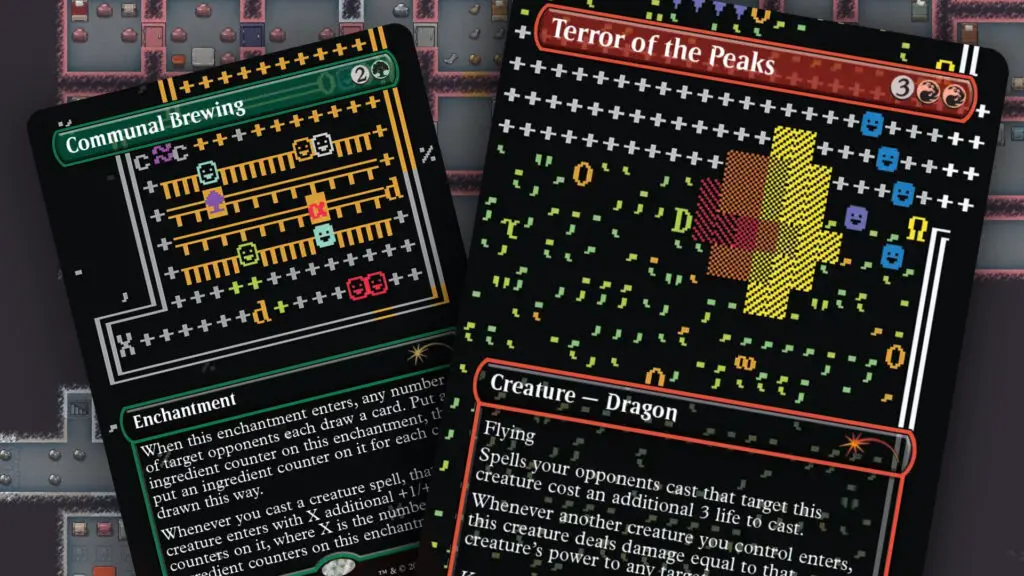 A pair of cards from the Secret Lair x Dwarf Fortress: Create New World set against a screenshot from Dwarf Fortress.