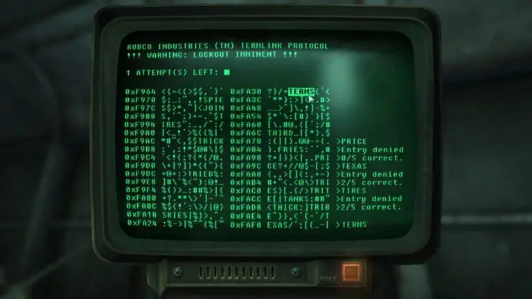 A screenshot of the Fallout hacking minigame representing cybersecurity challenges