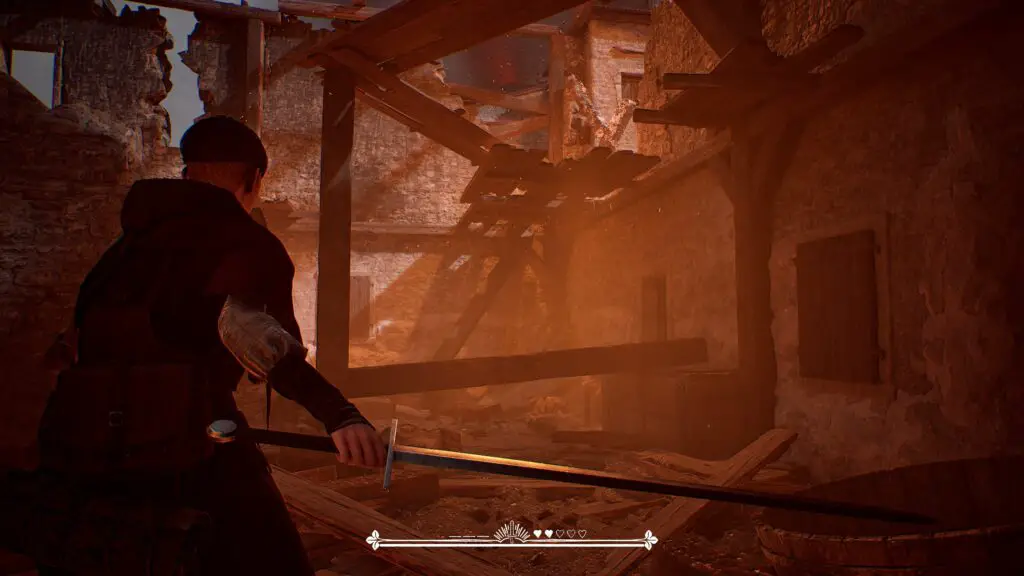 1348 Ex Voto screenshot showing Aeta walking through a burning building.