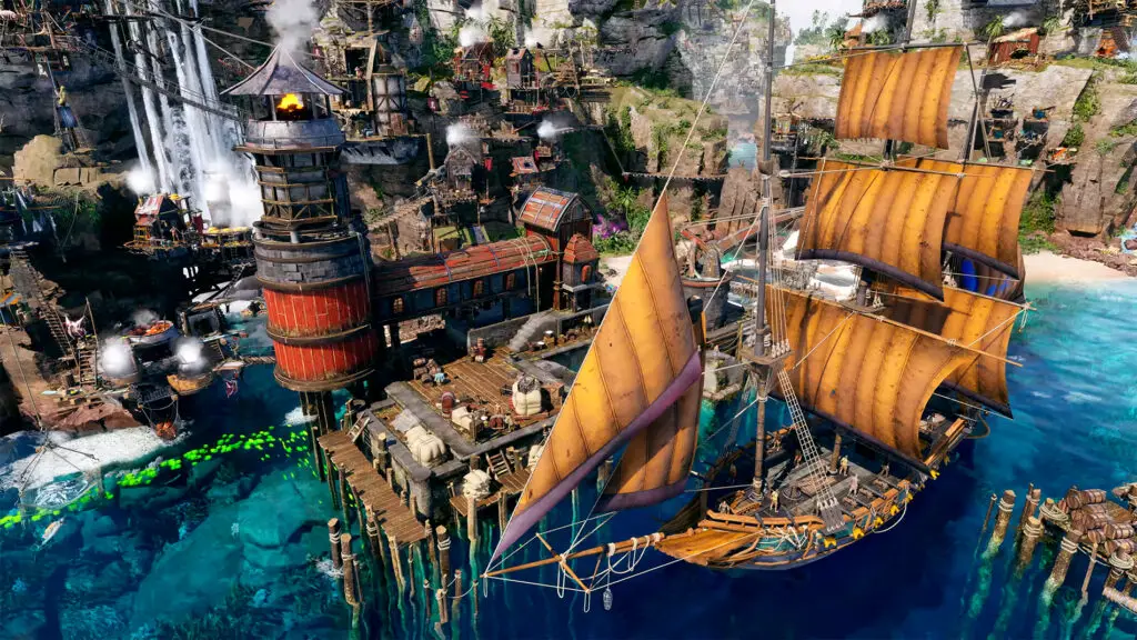 A pirate ship docked at a pirate hideout