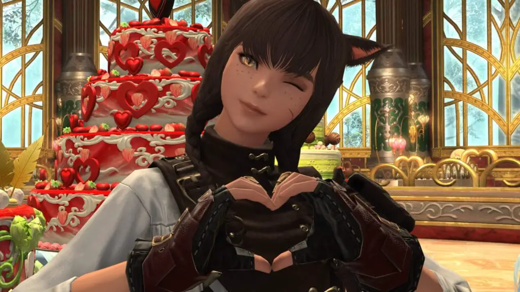 Final Fantasy 14 - A Miqo'te celebrating Valentione's Day with a beautifully decorated cake.
