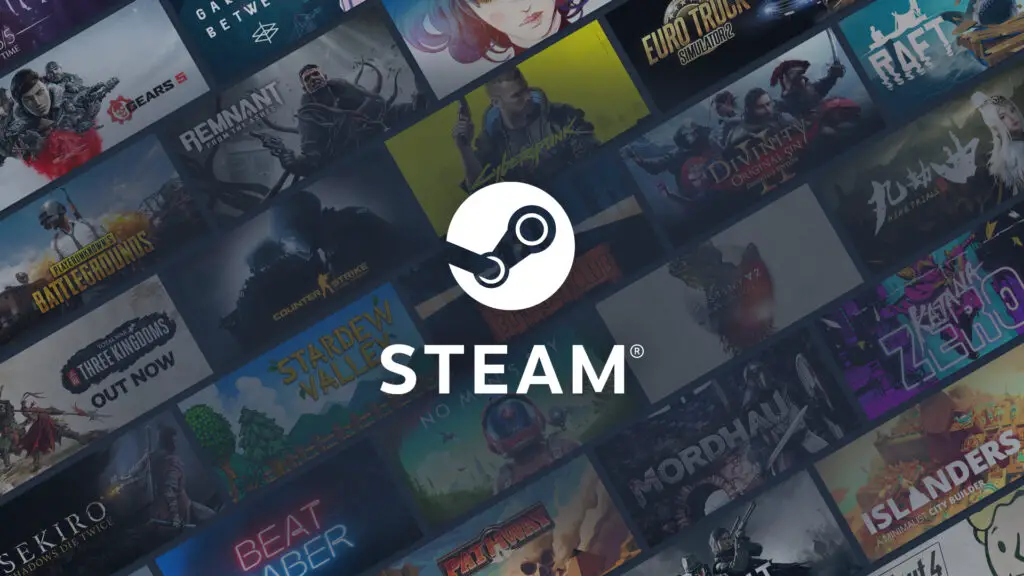 The official Steam splashscreen showing the logo and game library tiles.